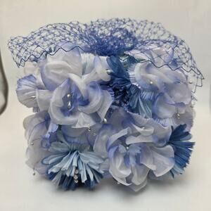 Vintage Blue Floral Pillbox Hat Union Made Veil Church Wedding Fascinator